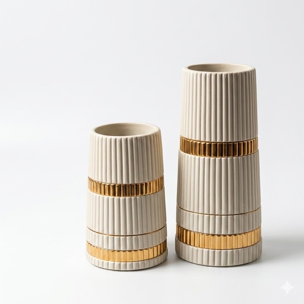 White and Gold Ceramic Vase Set of 2, Ribbed Texture with Gold Band Accents, Modern Home Decor-image-41