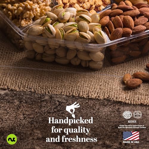 NUT CRAVINGS Gourmet Collection - Holiday Christmas Mixed Nuts Gift Basket + Green Ribbon (7 Assortments, 1 LB) Xmas Kwanzaa Arrangement Platter, Birthday Care Package - Healthy Kosher Corporate Gifts
