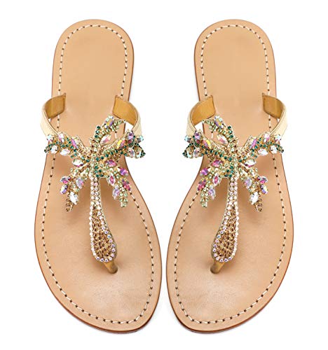 Monrovia Women's Rhinestone Jeweled Flat Beach Wedding Summer Sandals Gold Rhinestone Jeweled Sandals for Women Bling Jelly Flat Sparkly Sandals Dress Dressy Flip Flops Size 9