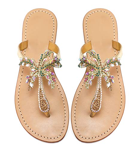 Monrovia Women's Rhinestone Jeweled Flat Beach Wedding Summer Sandals Gold Rhinestone Jeweled Sandals for Women Bling Jelly Flat Sparkly Sandals Dress Dressy Flip Flops Size 8.5