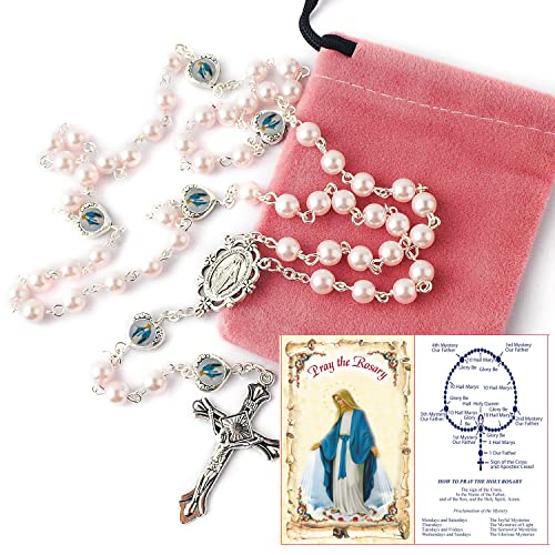 hanlincc glass pearl beads with miraculous epoxy heart metal beads rosary necklace pack in velvet gift bag with rosary pray card