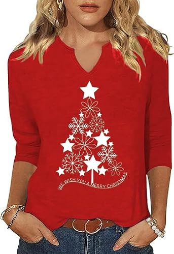 ehizrvo 3/4 Sleeve Christmas V-Neck Shirt for Women Merry Bright Believe Letter Tree Graphic Festival Blouse Vacation Tops Tee(XMS-red01,XX-Large)