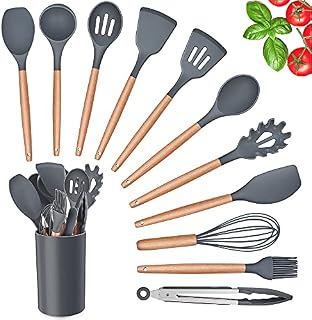 Kitchen Utensils Set, Herogo 12 Piece Silicone Utensil with Holder, Heat Resistant Cooking Utensils with Wooden Handle for Non Stick Cookware Pans, Silicone Kitchen Gadgets Tool Set (Grey)