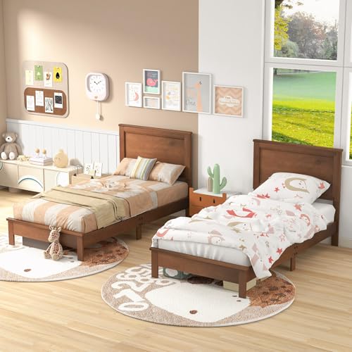 Image of GIANTEX Wood Twin Bed Frames with Headboard, Mid Century Platform Bed Frame with Solid Wood Legs & Wooden Slat Support, Twin Bed Frames for Kids Adults, Walnut Bed