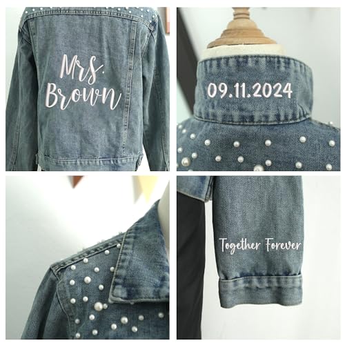 Custom Bride Denim Jacket With Pearls And Personalized Name, Wedding Jean Jacket for Bride, Mrs. Last Name Denim Jackets With Wedding Date, Custom Embroidered Jean Jackets, Engagement Gift3