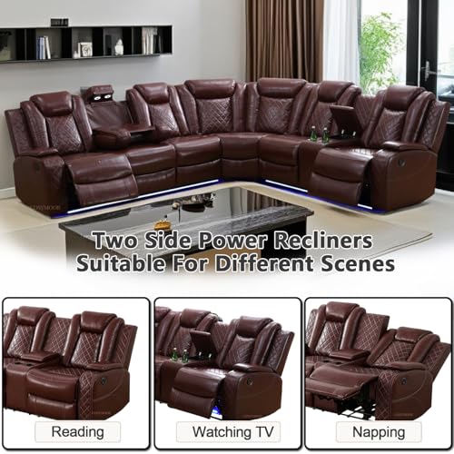 Image of Leather Power Reclining Sectional Sofa Set with LED Light,L Shaped Leather Sectional Recliner Couch Set with 5 Recliner Seats,Modular Sofa with USB Port,Cup Holder,Storage for Living Room Furniture