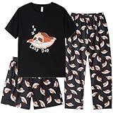 Hupohoi Kids Girls Pajama Sets Summer Short Sleeve With Shorts And Pants 3PCS Sleepwear Cute Cartoon Loungewear 6 to 17 Years, Sloth-Black, 10