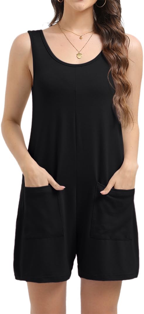 Womens Summer Rompers Crewneck Sleeveless Tank Top One Piece Jumpsuit Beach Jumpsuit with Pockets