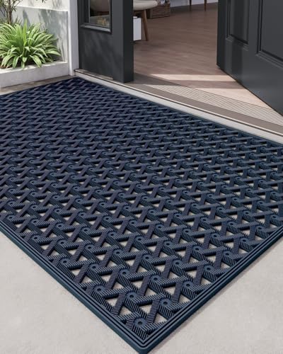 DEXI Front Door Mat Outside Entrance Rubber 32x48, Welcome Floor Doormat Heavy Duty Non Slip, Dirt Trapper Waterproof Exterior Entry Mats All Weather for Patio Entryway Drainage, Blue