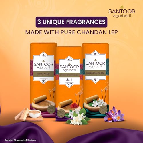 Image of Santoor Three in One Agarbatti. Premium Scented Agarbatti Made with Pure Chandan Lep. Chandan Lep | Mogra | Kesar| Pack of 2