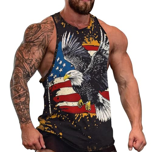 Mens American Flag Print Tank Top Eagle Skull Graphic Sleeveless July 4th T-Shirt Workout Summer Beach Tops