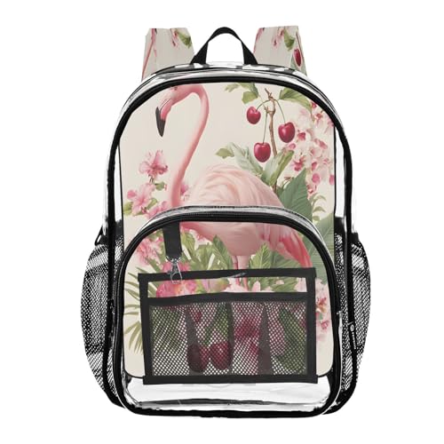 Flower Leaves Flamingo Cherry Clear Backpack Heavy Duty See Through Transparent PVC BookBag for Kids Boy Girl School Work