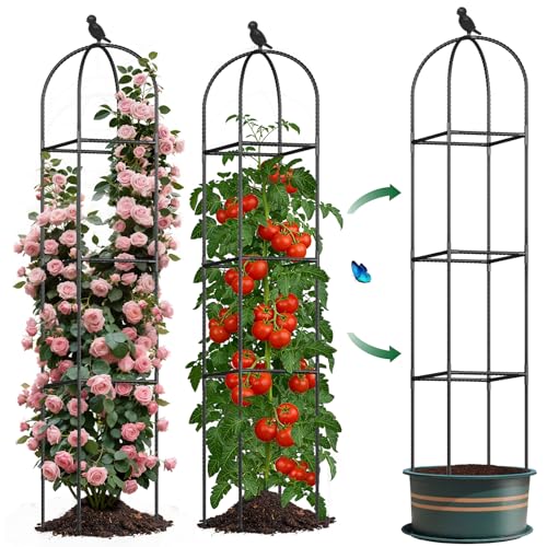 Image of Square Tomato Cages for Garden, 6.2 FT Cucumber Trellis for Flowers, Grape, Pea, Rose, Bean, Rustproof Plastic Coated Metal Plant Support for Potted Plants Indoor Outdoor - 2PC Obelisk Trellis