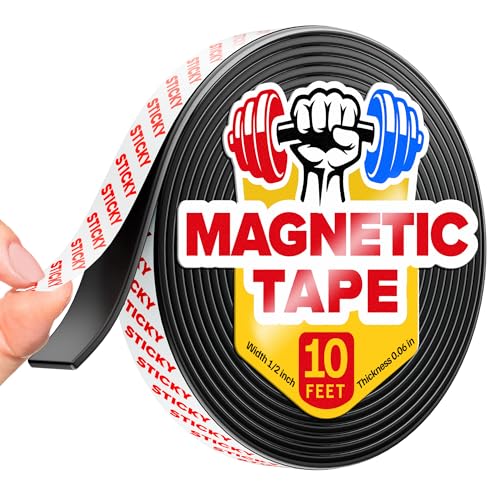 Image of Sticky Magnetic Tape (10 feet x 1/2 inch) - Stong Magnet Strip with Adhesive Backing for DIY & Crafts - Easy to Cut and Mount on Fridges, Whiteboards & More
