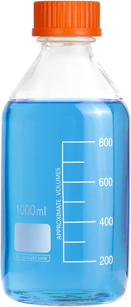 4 Pieces 1000 mL Graduated Round Reagent Media/Storage Glass Bottle With GL45 Orange Polypropylene Screw Cap