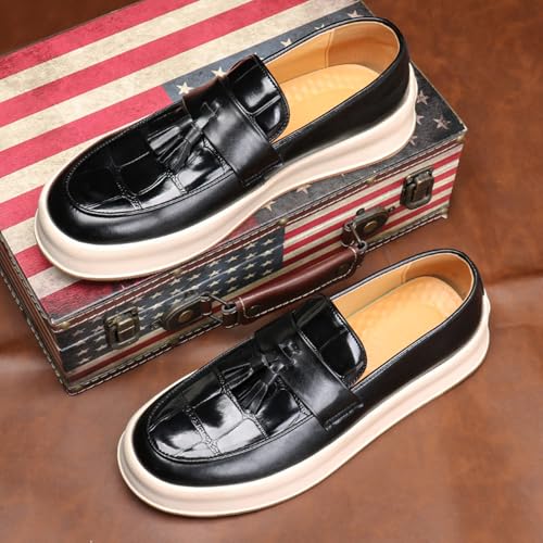 Men's Plaid Leather Slip On Tassel Loafers Round Toe Low Top Non-Slip Fashion Sneaker Lightweight Comfortable Business Casual Dress Shoes for Office Party4