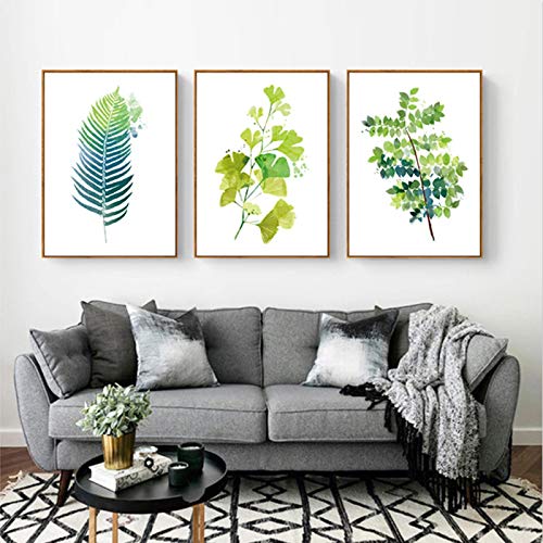 Toile peinture feuille verte affiche nordique decoration salon 50x70