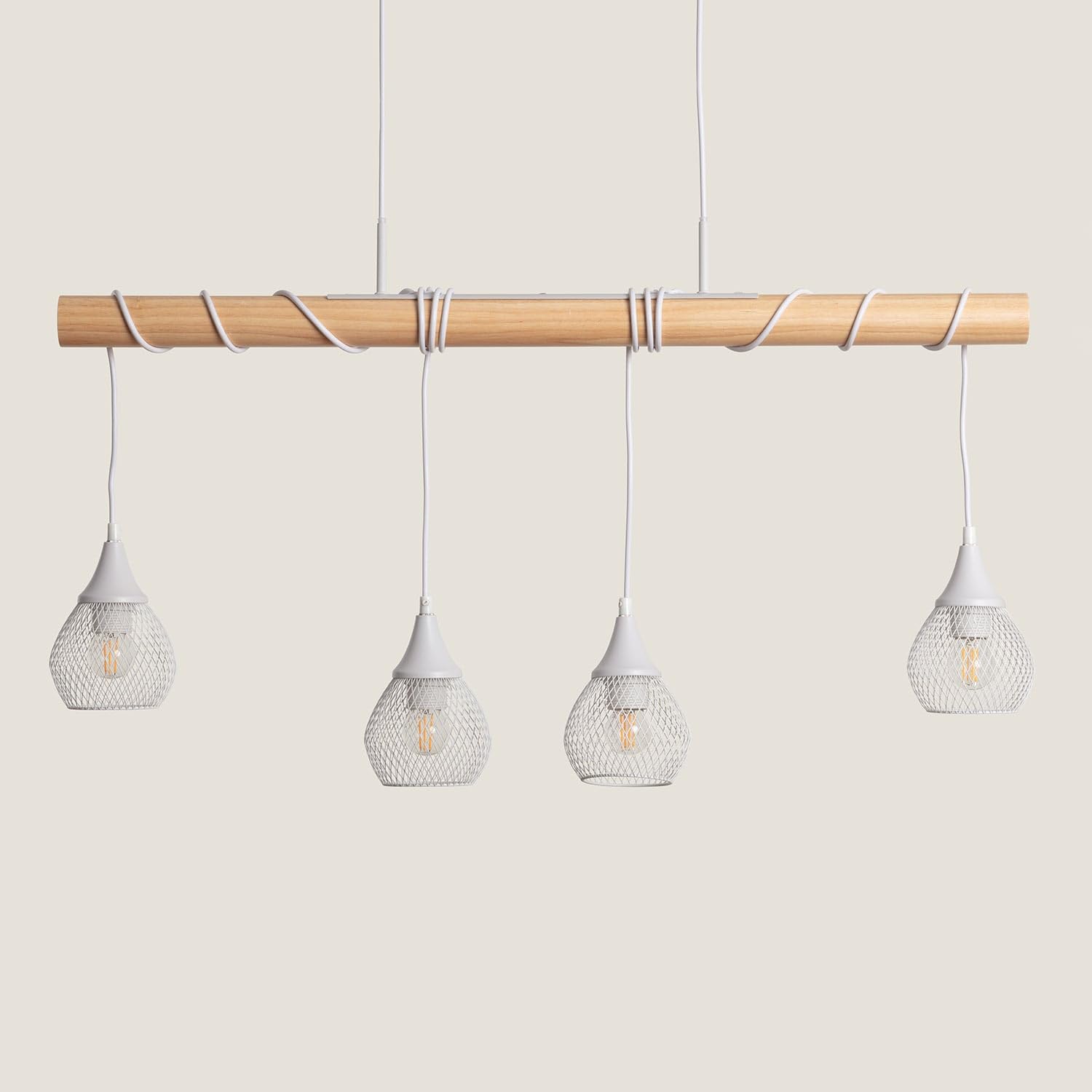 LEDKIA Lampada a Sospensione Legno e Metallo Monah Bianco | Design Nordico | Altezza Regolabile | Per Cucina, Soggiorno, Camera | Compatibile con E27 40W | Tris Lampadari