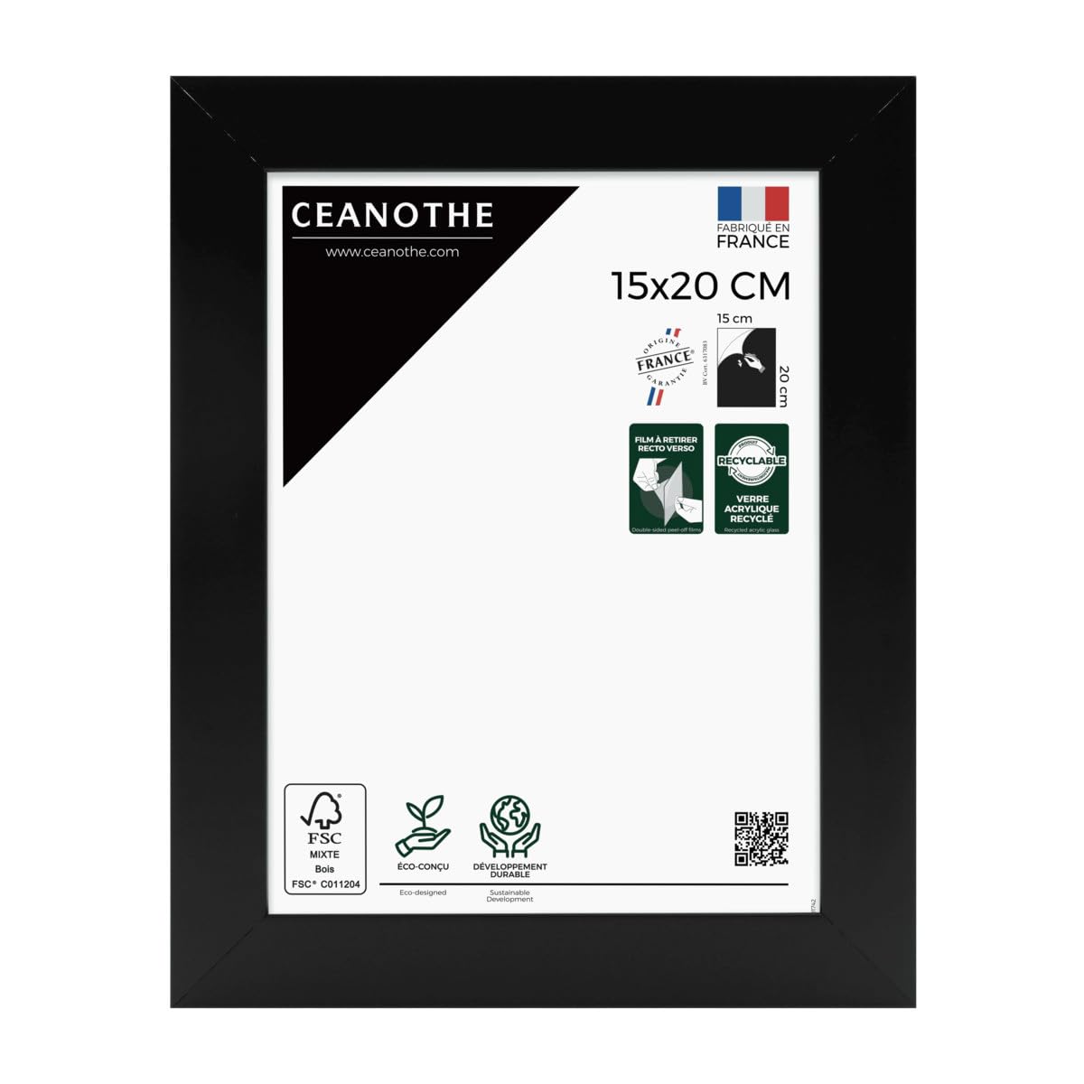 Ceanothe Cadre Photo 15x20 cm en Bois Noir Convient au A5 et A6 de la Collection Design Eternel Verre acrylique Incassable - Fabriqué en France