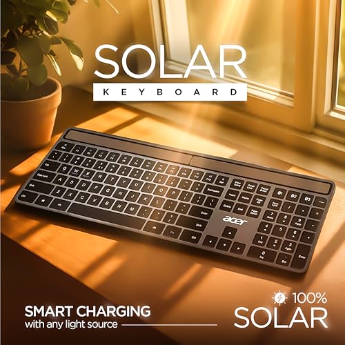 Image of Acer Solaris Solar Powered Bluetooth Keyboard, 109-Key Wireless Keyboard with Super-Capacitor, Multi-Device BT 5.0, Type-C Emergency Charging, 10m Range, for Windows, Mac, Android, Space Grey