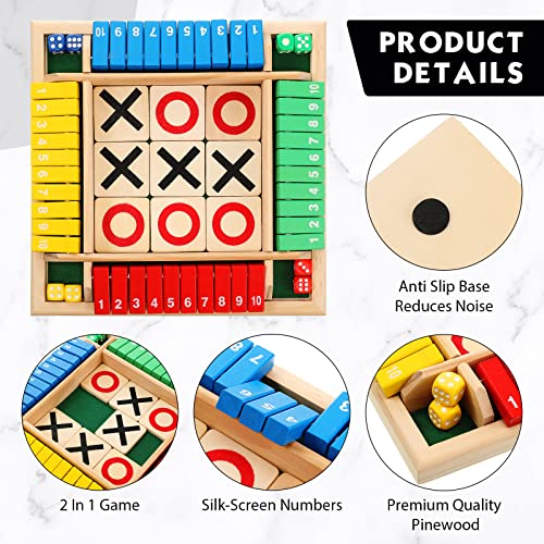 Shut The Box Dice Game Tic Tac Toe Wooden Board Game 2 In 1 Math Games 2-4 Player Family Table Games Dices Classics Tabletop Version Games For Adults Little Teens Classroom Room Outdoor Coffee #TOP2