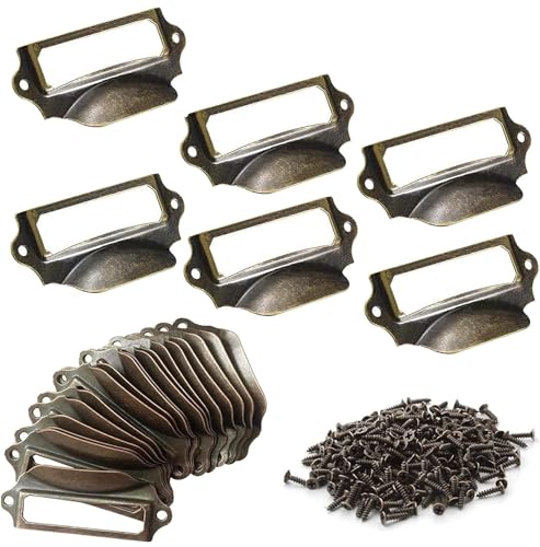 AMZSUPER ERA 25 Stück Ziehgriffe Etikettenhalter Griffe Vintage Kartenhalter Label Halter Etiketten für Schublade Im Apothekerschrank Aktenschrank Büro Schubladenschrank, 70 * 30mm mit Schrauben