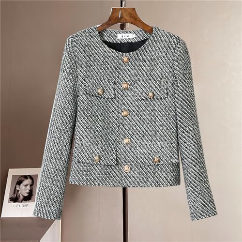 chouyatou Womens Elegant Business Casual Crop Plaid Tweed Blazer Jacket Open Front Short Button Down Suit4