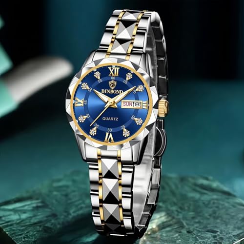 Image of Gosasa Luxury Men's and Women's Business Diamond Stainless Steel Waterproof Roman Numeral Analog Quartz Watch with Day-Date Calendar, Gold and Silver Tone