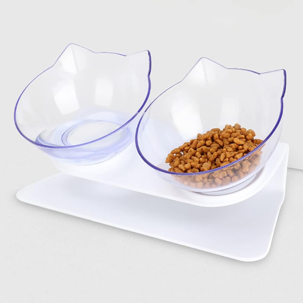 Leo's Paw Anti-Vomiting Orthopedic Cat Bowl Elevated 15° Tilted Cat Food and Water Bowls for Better Digestion Raised Stand with Non-Slip Bottom Detachable Feeding Bowl (Double Clear)