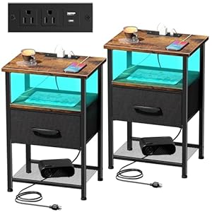 Nightstands Set of 2 with Charging Station and Drawer, End Table Bedside Table with 20 Colors LED Light Strip and 2 Layers Shelf for Bedroom Living Room Sofa (Rustic Brown)