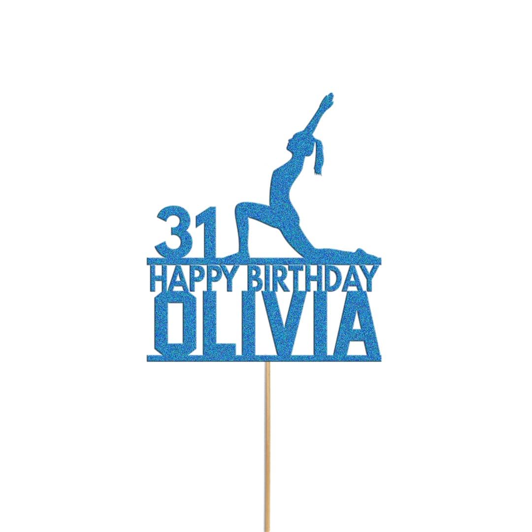 Womans Yoga Cake Topper Personalised Yoga Stretch Cake Decoration Any Name & Age | Personalised Cake Topper with Custom Name & Age | Birthday Party Decoration (Blue)