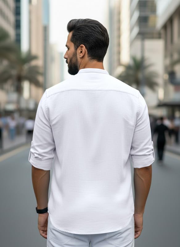 Image of Men Cotton Blend Mandarin Collar Casual Kurta Shirt | Roll-Up Sleeves | Regular Fit Ethnic Short Kurta for Daily