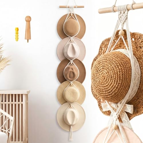Yulejo Macrame Hat Hangers Racks Boho Cowboy Hats Holders Western Display Organizer Storage decor Back of Door for Wall(White,Five Hats Style)