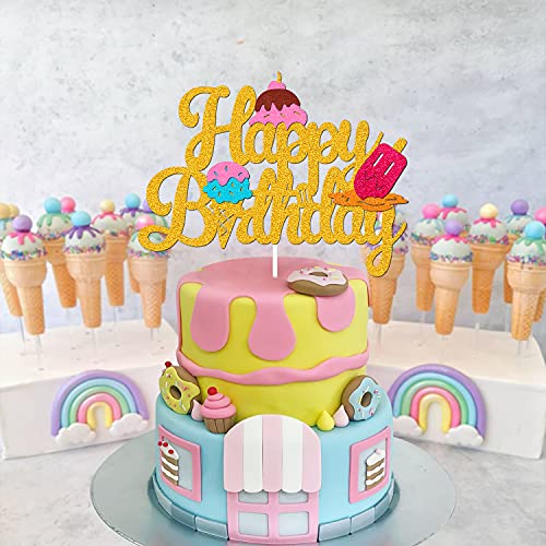 Levvcirki Ice Cream Cake Topper Hello Summer Theme Happy Birthday Cake Decorations Sweet Glitter Gold Kids Boy Girl Bday Party Decor #TOP4