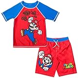 SUPER MARIO Nintendo Big Boys Rash Guard and Swim Trunks Outfit Set Red 14-16