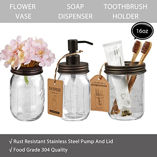 Mason Jar Bathroom Accessories Set (8 Pcs) - Lotion Soap Dispenser,Toothbrush Holder,2 Apothecary Jars, Flower Vase,Soap Dish,Vanity Tray,Toilet Paper Holder Storage Bin,Farmhouse Decor (Bronze) #TOP2