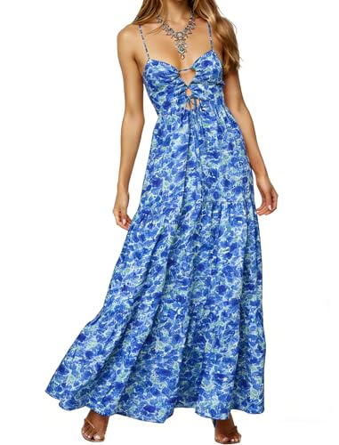 Image of Womens Summer Floral Spaghetti Strap Backless Low Cut Smocked Milkmaid Flowy Beach Sundresses