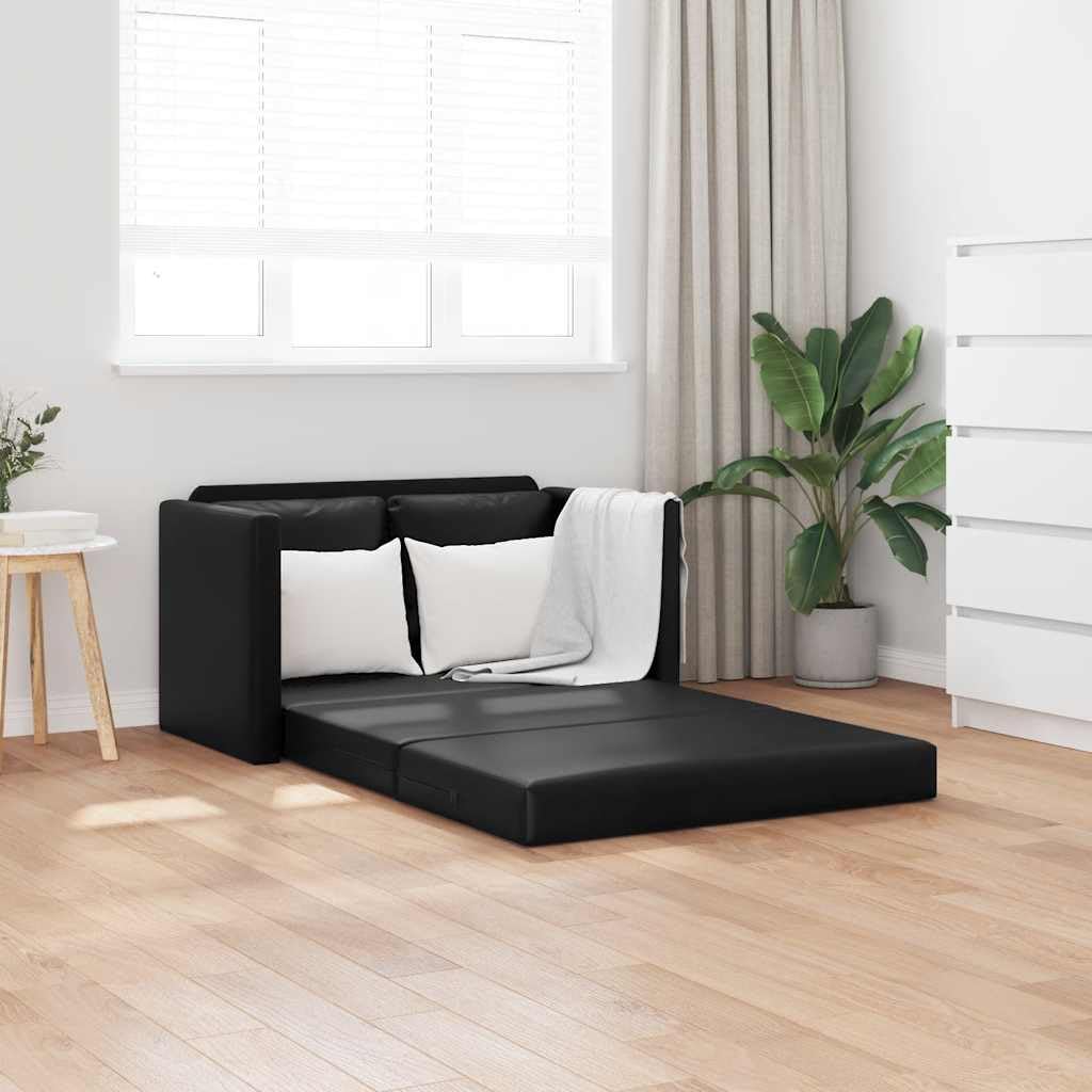 Sofá de suelo, convertible, negro, 112 x 174 x 55 cm, de cuero sintético, moderno, pequeño sofá de 2 plazas, para salón, dormitorio adolescente, estudio