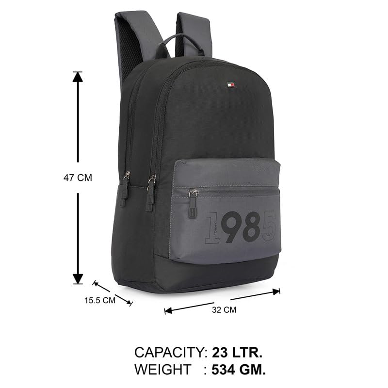 Image of Tommy Hilfiger Bradenton Unisex Casual Backpack - Black+Granite Grey | 23 Capacity | Polyester | Padded & Adjustable | No. Of Compartment: 2 | Zipper Closure