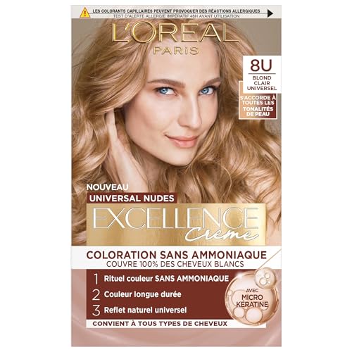 L’ORÉAL PARIS - Coloration Cheveux Permanente - Longue Durée - Résultat Naturel & Lumineux - Couvre 100% des Cheveux Blancs - Excellence Crème Universal Nudes - Nuance : Universel Blond Clair (8U)