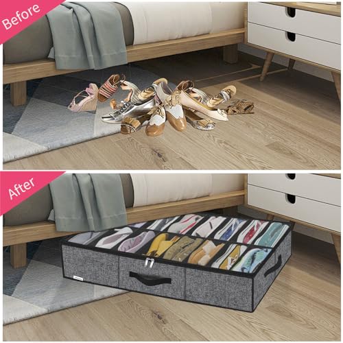 Onlyeasy Sturdy Under Bed Shoe Storage Organizer with Handles and Clear Window Fit 16 to 32 Pairs, Premium Foldable Shoes Container Box for Closet, 37.7x 23.6x 5.9 inch, Cotton-like Black, MXBUBS16P2 by Onlyeasy - Image 3