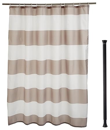 AmazonBasics Adjustable Shower Curtain Tension Rod - 24-36 inch, Black & AmazonBasics Polyester Striped Shower Curtain with Hooks, 6ft, Grey