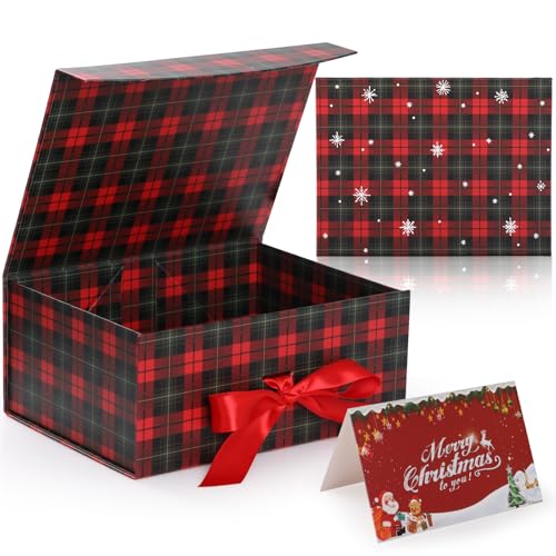 Caja de Regalo Navideña con Tapa 29 * 22 * 10.5cm, GeeRic Cajas de Regalo Magnéticas con Tapas MagnéTica y Cinta, para Embalaje de Regalos de Bodas y CumpleañOs Navidad