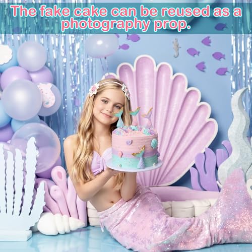Remerry 6 Inch Bow Fake Cake Coquettish Birthday Fake Cake Decor Wedding Dessert Props Artificial Heart Dessert for Props Women Birthday Gift(Mermaid,6 Inch,Pastel) by Remerry - Used condition - Image 6
