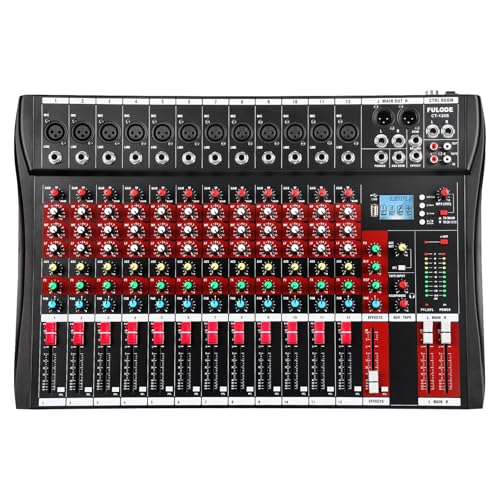 FULODE 12 Channel Audio Mixer, Professional Music Mixer Board DJ Mixing Console with Bluetooth, USB/MP3 Player, Reverb, and 48V Phantom Power for Studio Recording, Karaoke, and Live Performances