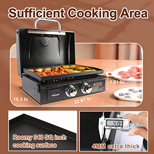 Qulimetal Portable Table Top Griddle, 22 Inch 2-Burner Propane Gas Flat Top Grill With Hood, 24,000 Btus Camping Grill With Carry Bag And 4 Feet Propane Adapter Hose #TOP2