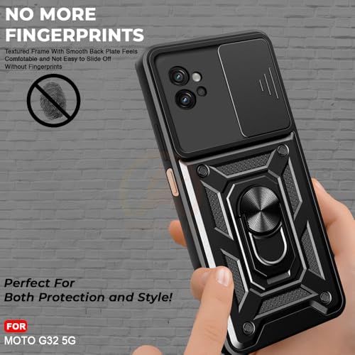 Image of Armor Bumper Back Cover Case for Motorola Moto G32 Rotating Camera Cover, Ring Holder & Kickstand | Heavy Duty & 360 Degree Protection Motorola Moto G32 Back Cover (Black)