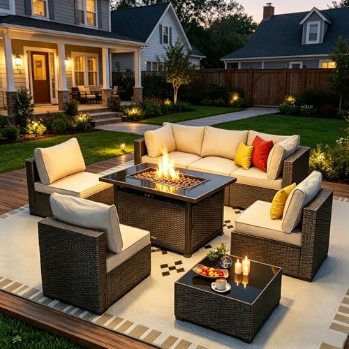 Ophelian Outdoor Wicker Patio Furniture Set with Fire Pit Table Sectional Sofa Set Conversation Set with Comfy, High-Resilience Foam Anti-Slip Cushions for Backyard,Garden,Deck