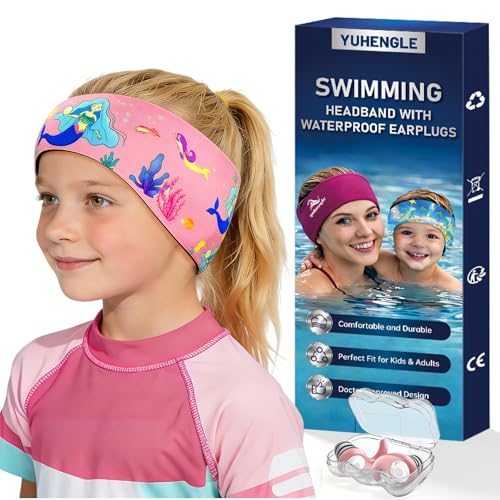 Schwimmen Stirnband für Kinder - 2 Paar Schwimm Ohrstöpsel & Neopren Schwimmband,Hohe Elastizität & Klettverschluss