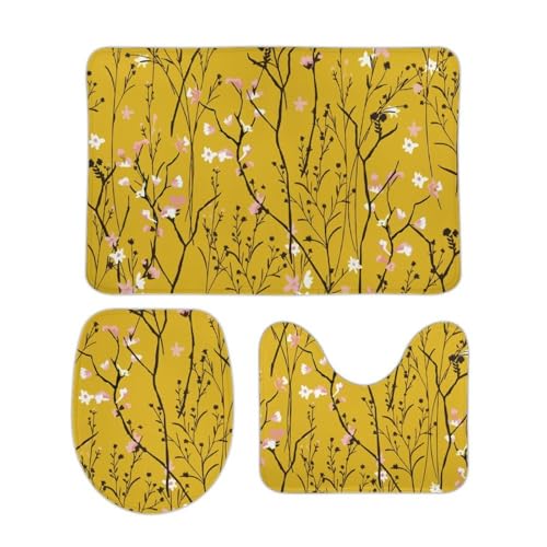 トイレマット 3点セット ピンクと白の花 花柄 オリエンタル フタカバー 便座カバー 洗える 足ふきマット ふわふわ 滑り止め U型 O型 兼用 ズレない おしゃれ 吸水速乾 50cm x 80cm